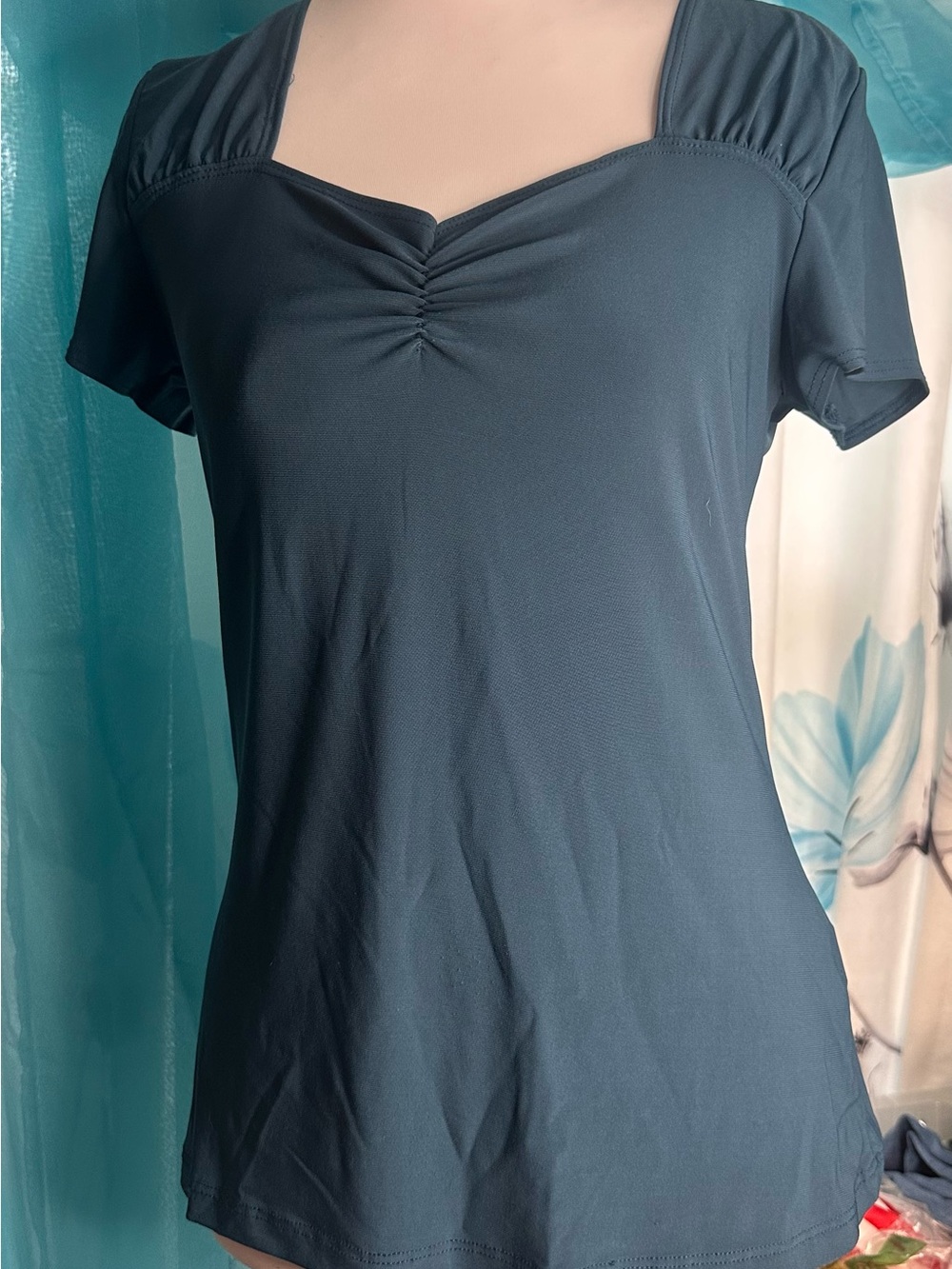 Susan Lawrence Navy Short Sleeve Ruched Square-Neck Top